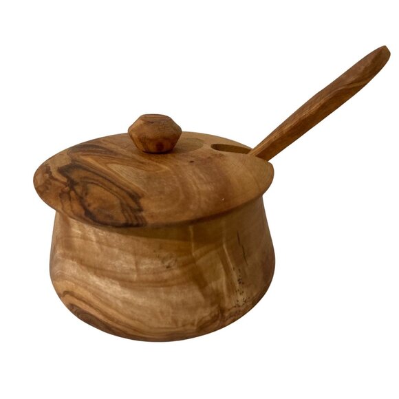 Sur La Table Olive Wood Sauce Pot Or Sugar Bowl With Matching Spoon - Picture 2 of 8